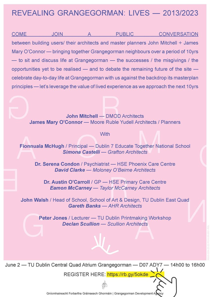 GrangegormanDev's tweet photo. A conversation between building users, their architects &amp; the Grangegorman master planners, John Mitchell and James Mary O’Connor. 
📲Book Tickets - https://t.co/7YkzngSdZk
🗓 Friday 2nd June 
⌚️14.00-16.00
📍 Ground Floor, Central Quad, TU Dublin
#RevealingGrangegorman https://t.co/foru9QUHms