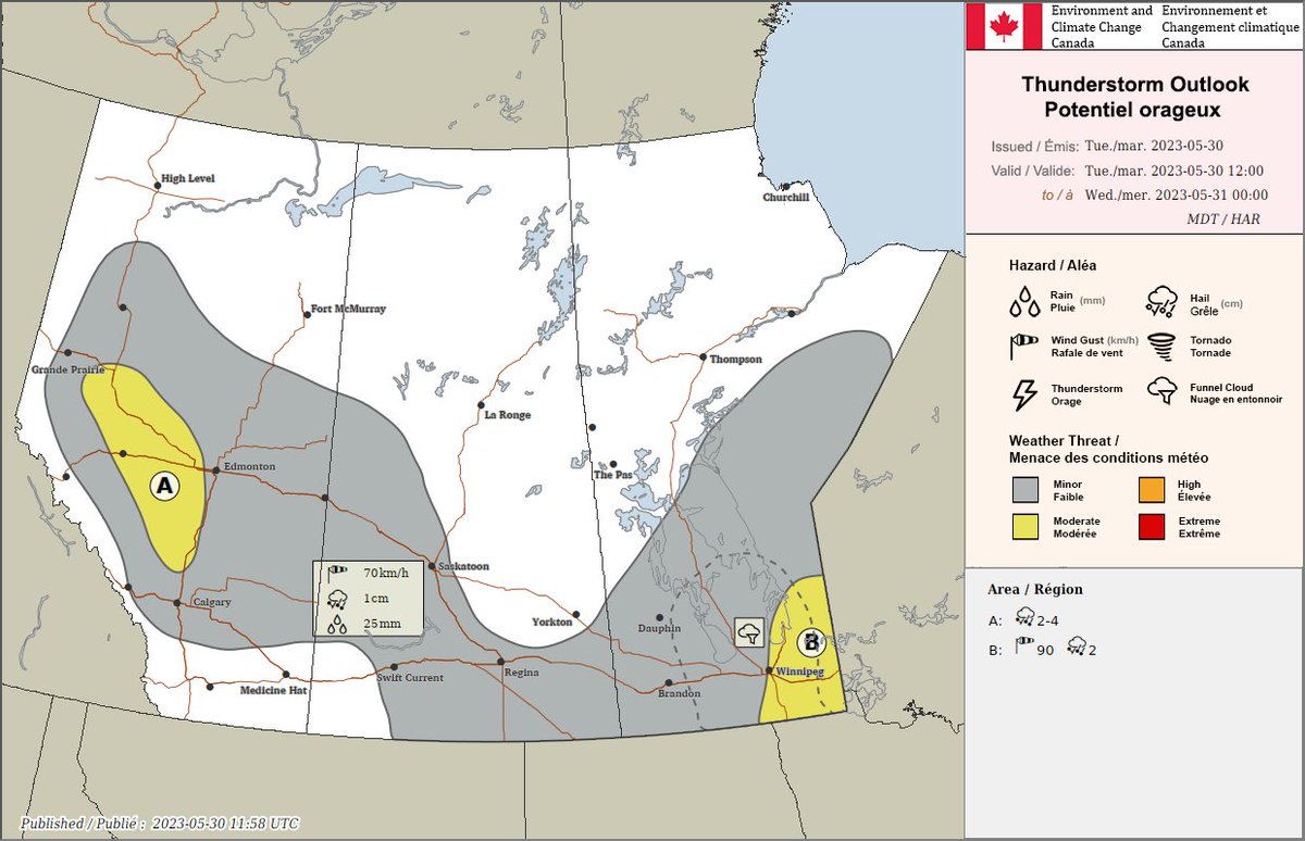 Today's ECCC Thunderstorm Outlook for the Prairies is valid from noon today, 30 May 2023, to midnight. Thunderstorms across the region with some more intense activity expected in central #ABstorm