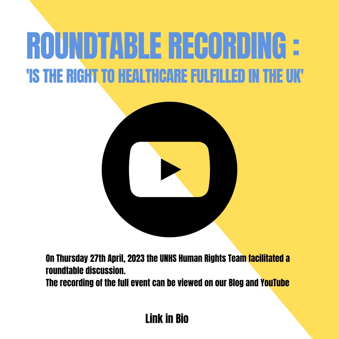 'Is The Right To Healthcare Fulfilled In The UK?' : Roundtable Recording.

On 27th April, 2023 the UN House Scotland Human Rights Team facilitated a roundtable discussion around the topic 'Is the Right to Healthcare Fulfilled In the UK?'' 

Learn more on the Blog
Link in Bio