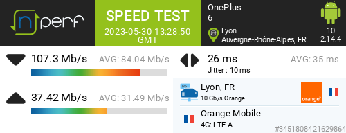 Ari33260's tweet image. ↓107 Mb/s ↑37 Mb/s, ⇄ 26 ms / mobile:Orange Mobile / #OnePlus6 / #nPerf v2.14.4 /
Lyon 3 Lacassagne