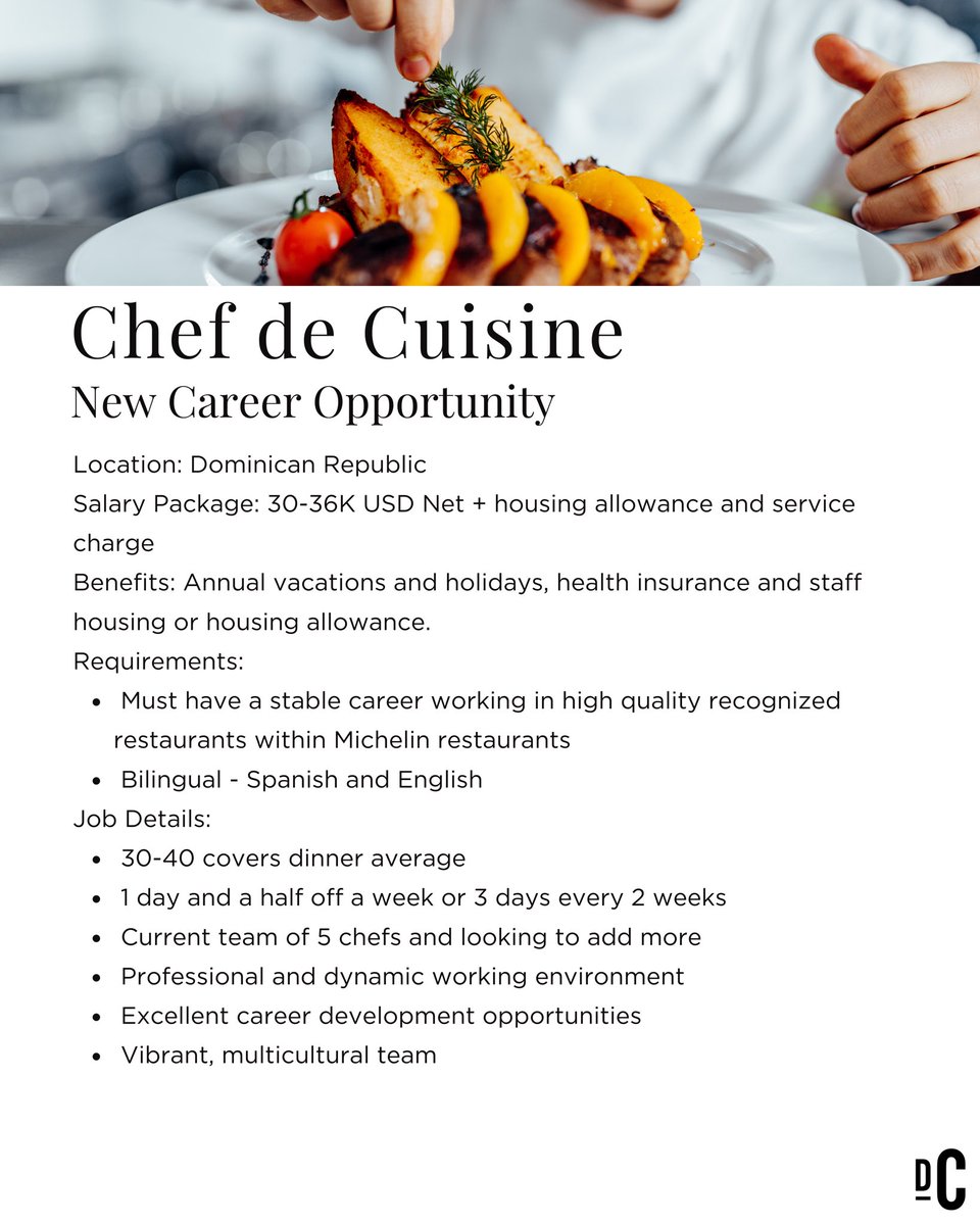 New Career Opportunity 
Chef de Cuisine, Dominican Republic 

💼Apply now: recruiterflow.com/dcglobal/jobs/…

#newcareeropportunity #newjobalert #hospitalityjobs #chefdecuisine #culinaryjobs #hiring #applynow #recruiting