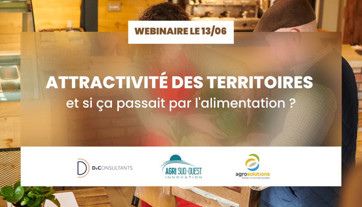 💻[#Savethedate - #Webinaire]
📅 Le 13/06 prochain, D&amp;C animera un webinaire avec <a href="/agrosolutions/">Agrosolutions 🔍 💧 🌾 🤝</a> organisé par notre partenaire <a href="/AgriSOI/">Agri Sud-Ouest Innovation</a> sur le sujet « L’attractivité des territoires : et si ça passait par l’alimentation ? »
⏰De 11h à 12h
Pour s’inscrire : agrisudouestinnovation.odoo.com/event/attracti…