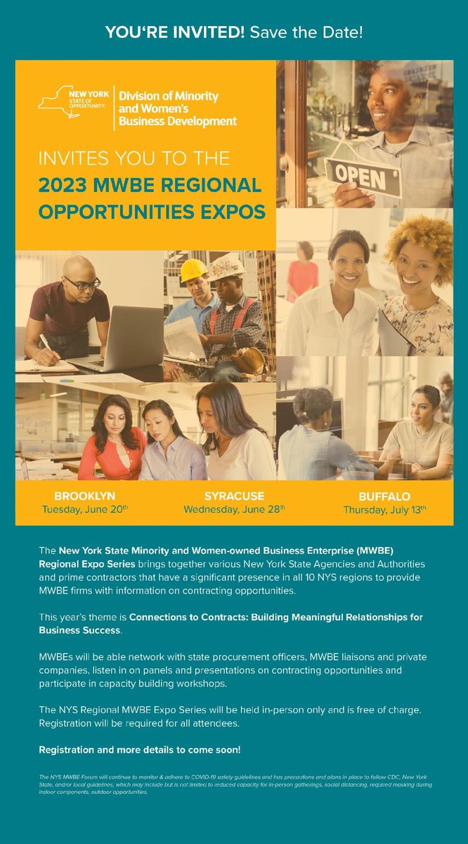 Calling all MWBEs! Mark your calendars and save the date for the New York State Minority and Women-owned Business Enterprise Regional Expo Series! For additional information and to register, please visit bit.ly/3WJ5ilp. #mwbe #NYSMWBE