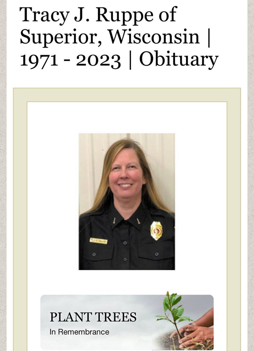 Tracy Ruppe 💉🪦
#FullyVaccinated #DiedSuddenly
(May 2023) 🇺🇸 Wisconsin 

“The world lost an amazing person and incredibly dedicated firefighter and first responder. Tracy Ruppe, our 2nd Asst Chief passed away unexpectedly Thursday night ..

CovidBC.me