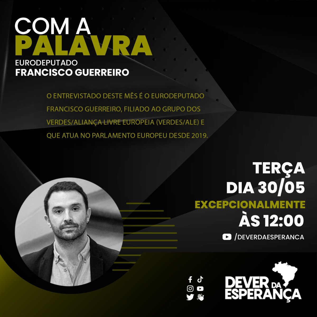 👋 Fiquem ligados! Daqui a pouco, ao meio-dia (horário de Brasília) começa o #ComApPalavra <a href="/FGuerreiroMEP/">Francisco Guerreiro 🇵🇹 🇪🇺</a>! 

🎬 Vejam aqui:  youtube.com/watch?v=Pfx4k9…