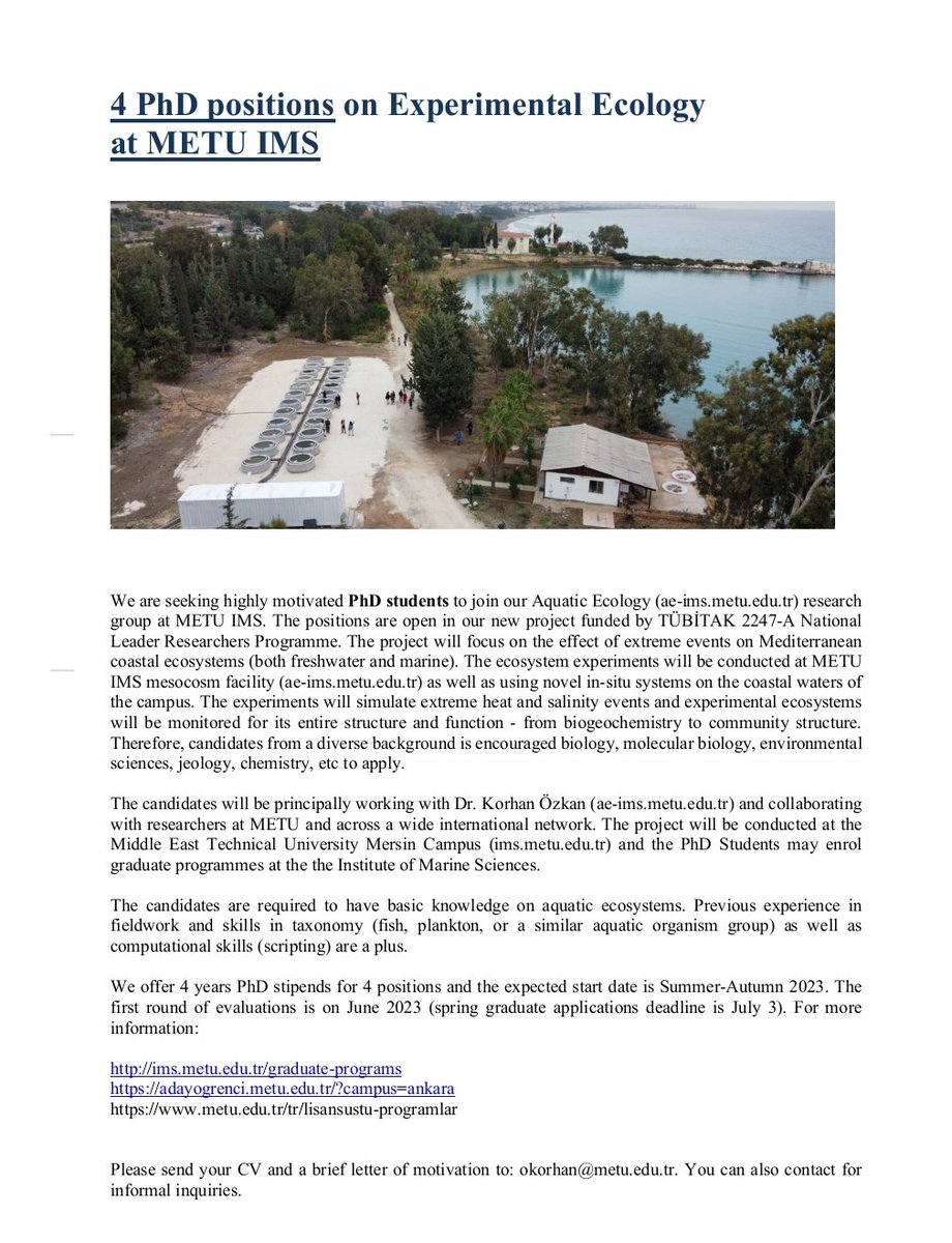 aquaticecology@metu_ims (@ecologyaquatic) on Twitter photo 🚨 We are calling for the candidates to join our Aquatic Ecology research group!
We are offering 4 PhD positions at <a href="/METU_IMS/">METU Institute of Marine Sciences</a> in aquatic ecology with a focus on the effect of extreme events on Mediterranean coastal ecosystem.❗ 🚨 We are calling for the candidates to join our Aquatic Ecology research group!
We are offering 4 PhD positions at <a href="/METU_IMS/">METU Institute of Marine Sciences</a> in aquatic ecology with a focus on the effect of extreme events on Mediterranean coastal ecosystem.❗
