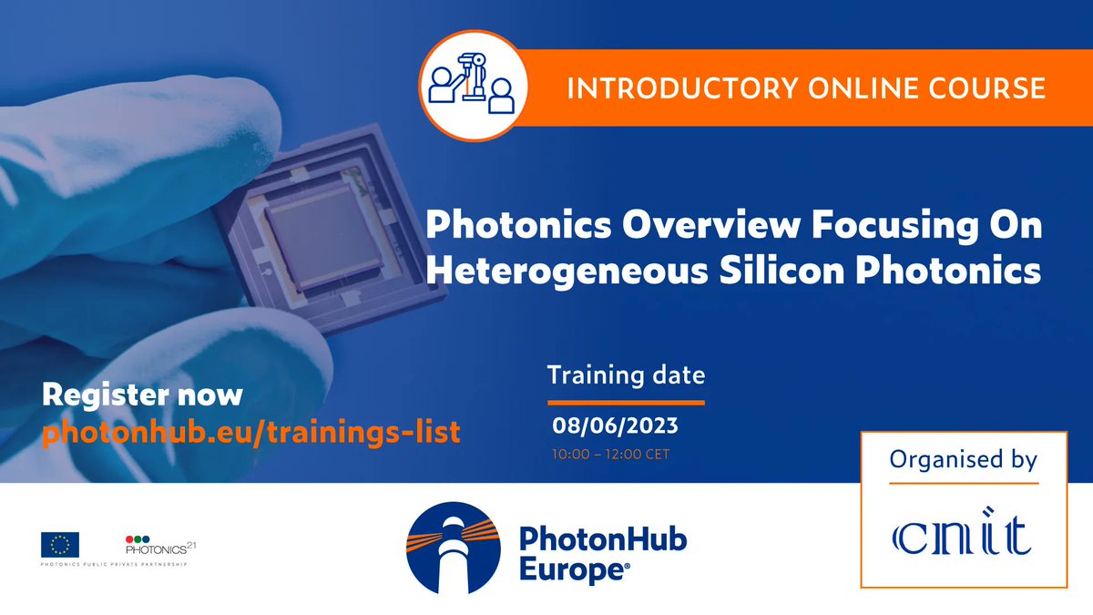 📢 <a href="/CNIT_TLC/">CNIT</a> is organising a FREE PhotonHub Online Introductory Course about Photonics Overview Focusing On #Heterogeneous #Silicon #Photonics. Discover this integration to enhance device performance and functionality.

📅 08/06/23
📍 Online
👉 Register at buff.ly/3WZ8x6K