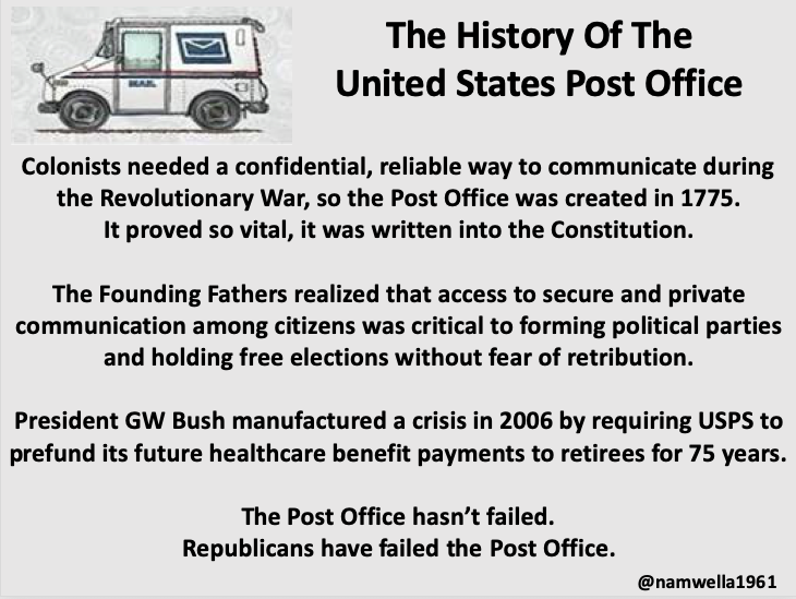 A Republican President set the Post Office up for fiscal failure in 2006.

Trump had Louis DeJoy sabotage the USPS to get re-elected.

It's mind boggling to me that Louis DeJoy is still being allowed to slow down mail delivery & that he still has a job.
#ProudBlue #VoteBlue2024