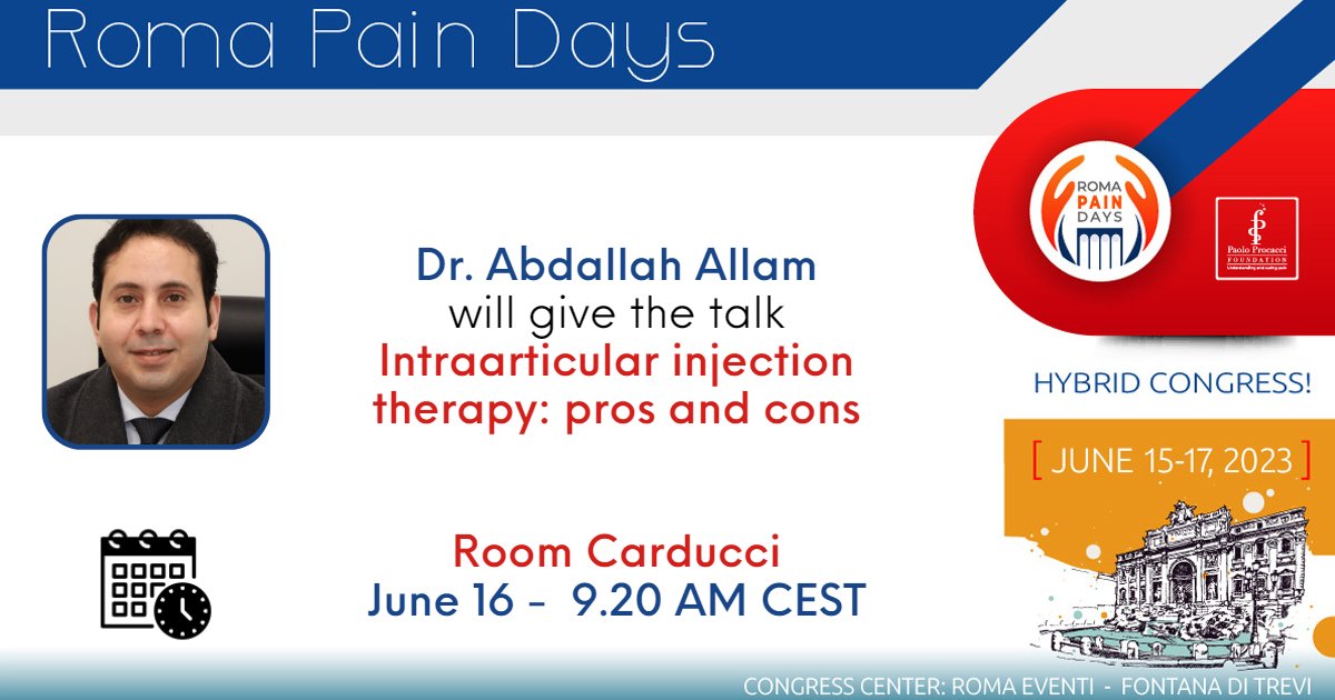 RomaPainDays's tweet photo. During #RPD23 Dr. Abdallah Allam will give the talk "Intraarticular injection therapy: pros and cons". #painmanagement
📆June 16 - 9.20 AM CEST
#ComeForScienceStayForHandsOn
Don't miss it, register now! ➡️https://t.co/LSP52rrgr8
@giuvarr @Fond_P_Procacci https://t.co/tnERv3pLCS