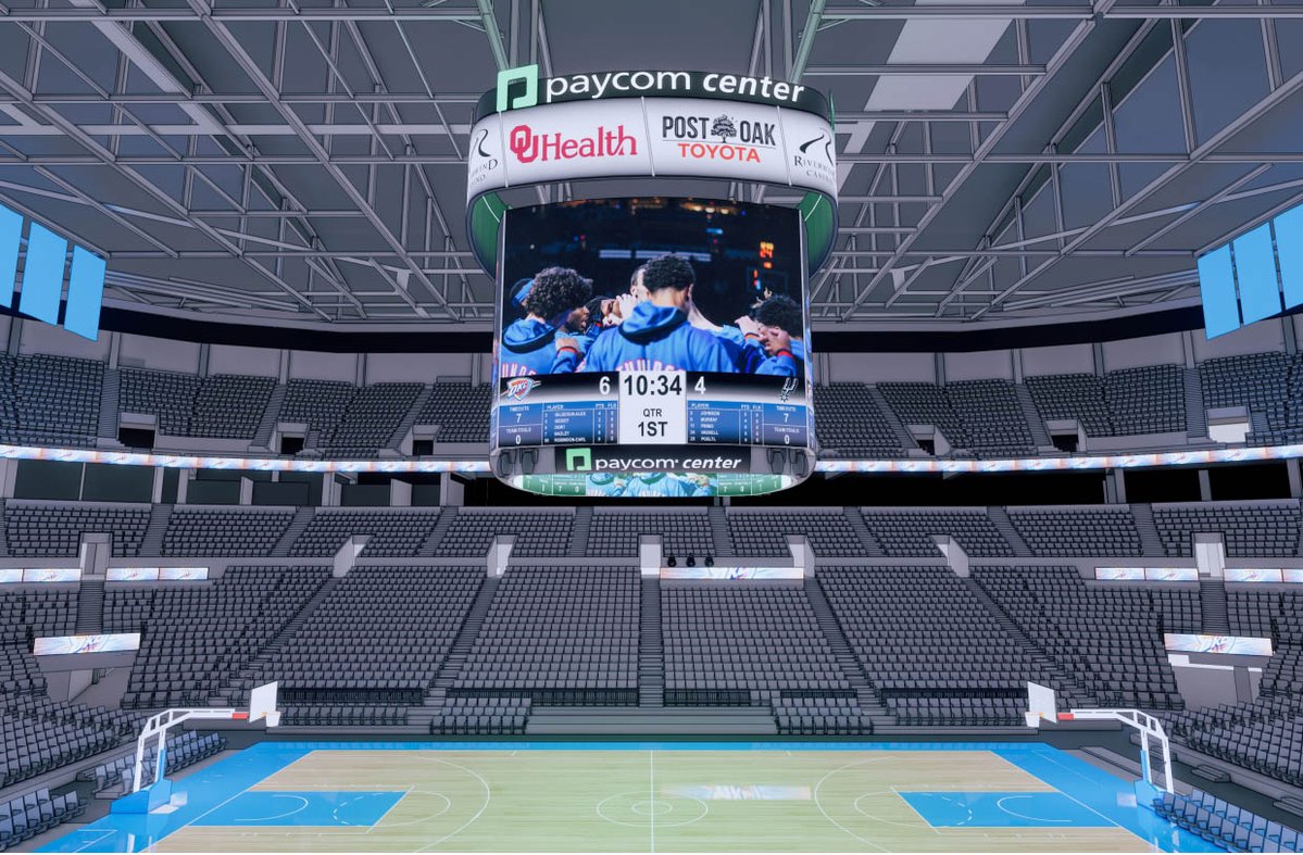 OKCTalk's tweet photo. As part of MAPS 4, the @PaycomCenter will have a new, much larger, $7 million scoreboard installed by September.   @okcthunder https://t.co/ibjo2a5I0O
