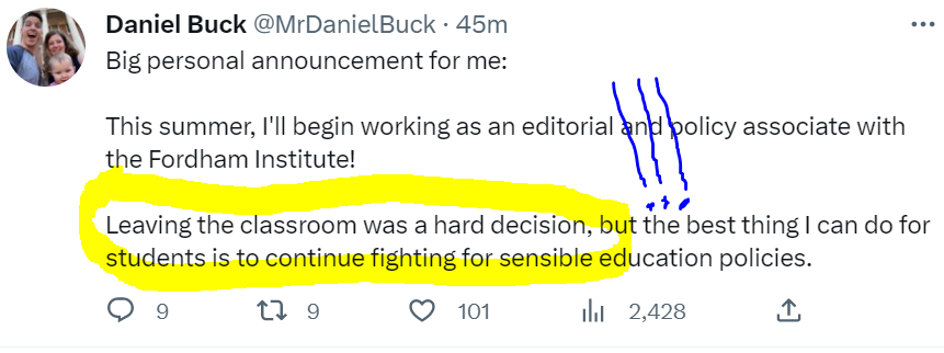 JayWamsted's tweet photo. I'm pretty sure this guy taught for 5 years.

Education is the only career where people who don't enjoy it go on to quick promotions in order to "fight for policy" https://t.co/CqGSVcialK