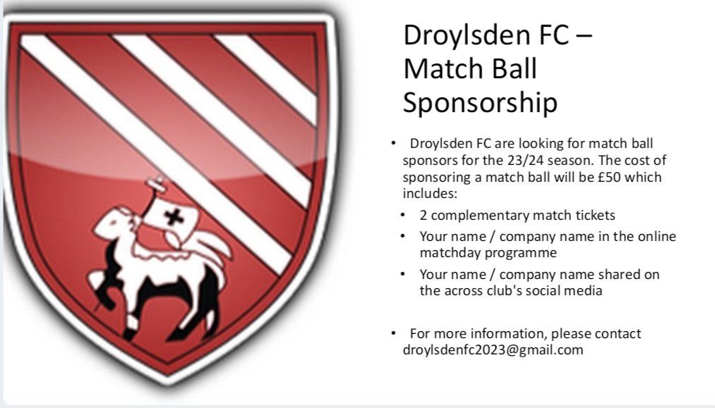 We are looking for Match Ball Sponsorship for the 23/24 season.

Please contact droylsdenfc2023@gmail.com for more information.

#bloodsrevival