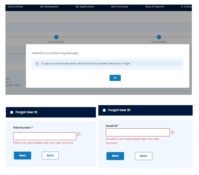 Grandmarkca's tweet photo. @HelpdeskMCA21V3 @MCA21India @nsitharaman 
we are not able to create V3 account of Director.  
Getting following Error while creating V3 Account:
Error-1: User Account already exists with the email id provided
Error-2: Email Account and PAN is not associated with any account https://t.co/KiG4OVkjMB