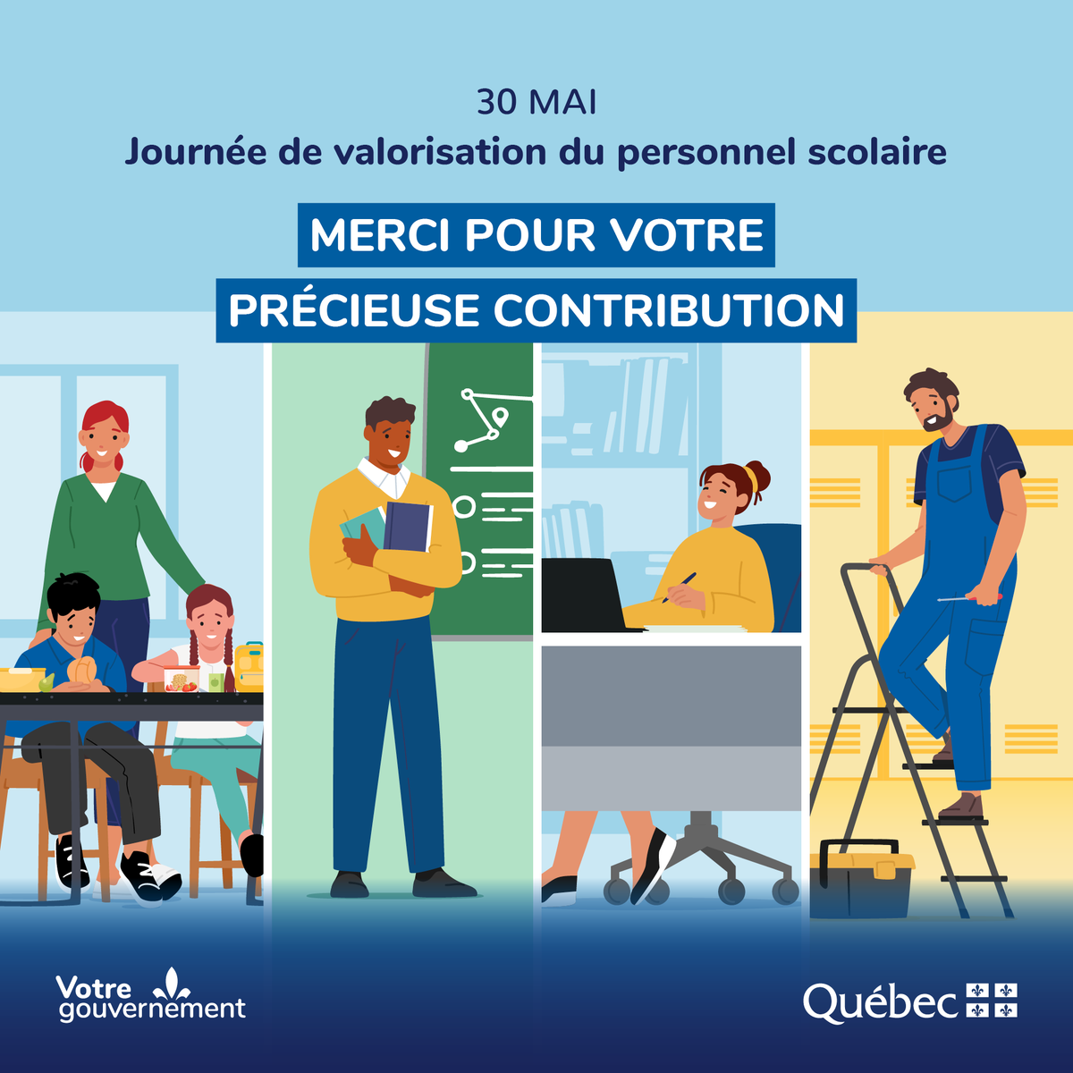 EducationQC's tweet image. Aujourd’hui, soulignons l’apport central de tous les personnels scolaires qui contribuent avec sensibilité, passion et créativité à la réussite éducative et au bien-être des élèves du Québec.
 
Bonne journée à toutes et à tous! 💙

#valorisation #personnelscolaire