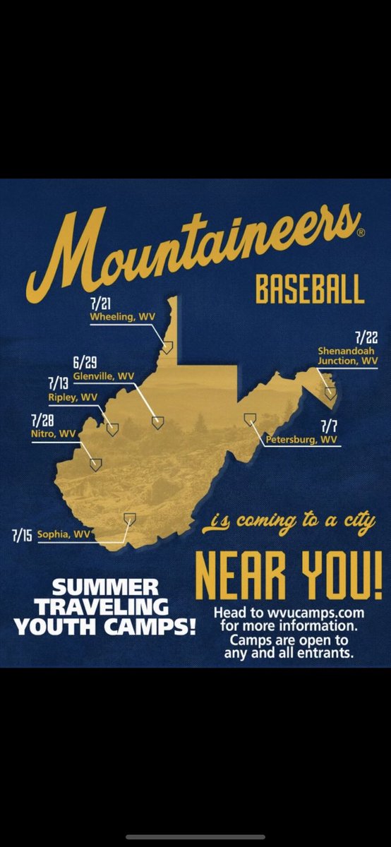WVU baseball is holding a series of youth camps for ages 12 and younger across the state❕Kids will be instructed by WVU coaching staff and others. Open for any and all entrants. For signup info, visit wvucamps.com/camps.cfm