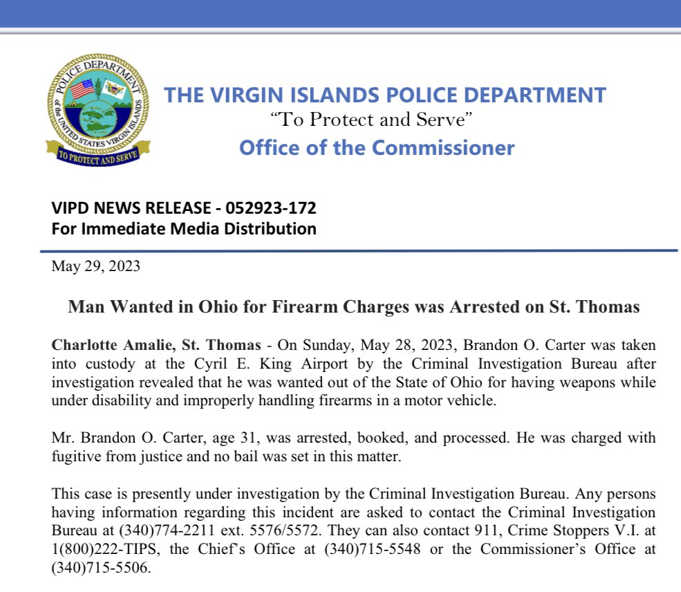 Man Wanted in Ohio for Firearm Charges was Arrested on St. Thomas