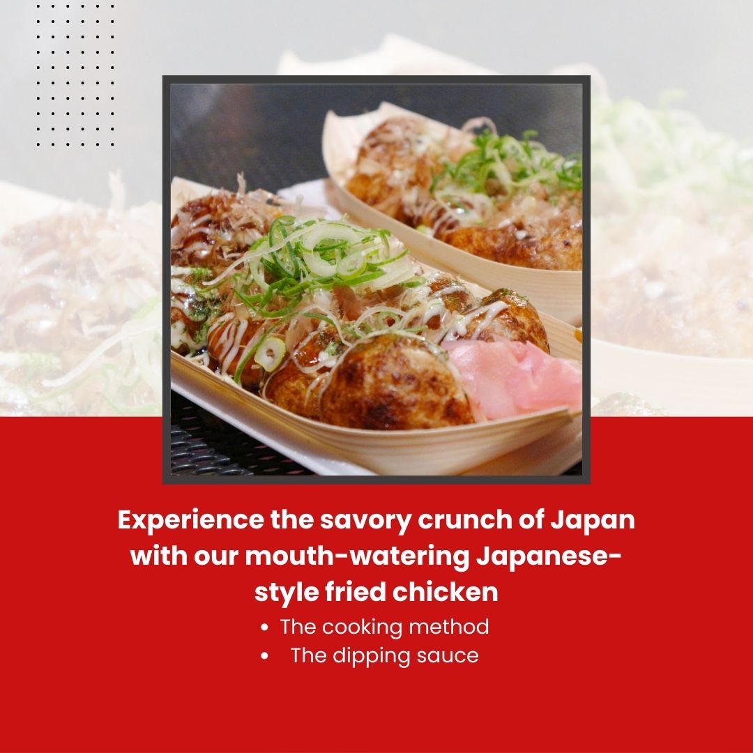 Experience the savory crunch of Japan with our mouth-watering Japanese-style fried chicken
                      The cooking method
                      The dipping sauce

#crispyjuiciness #flavorfulbites #japanesestyle #friedchicken #dippingsauce #yummysnacks