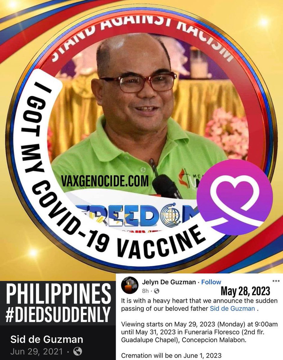 Sid de Guzman 💉🪦
#FullyVaccinated #DiedSuddenly
(May 2023) 🇵🇭 Philippines 

“It is with a heavy heart that we announce the sudden passing of our beloved father Sid de Guzman.”

CovidBC.me
VaxGenocide.com
GenocideBlog.com