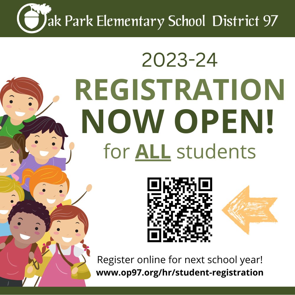 It's time! Registration for all students is now open for the 2023-24 school year. Registration is completely online. Now is the time to get all of your documents together...click here for next steps >>> op97.org/hr/student-reg…