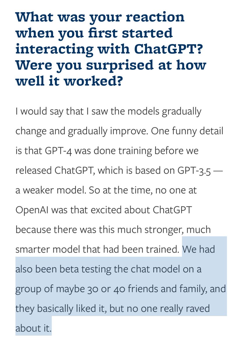 John Schulman on what he and others initially thought about ChatGPT. I think it’s worth realizing nobody really knew until it was released and the importance of shipping.