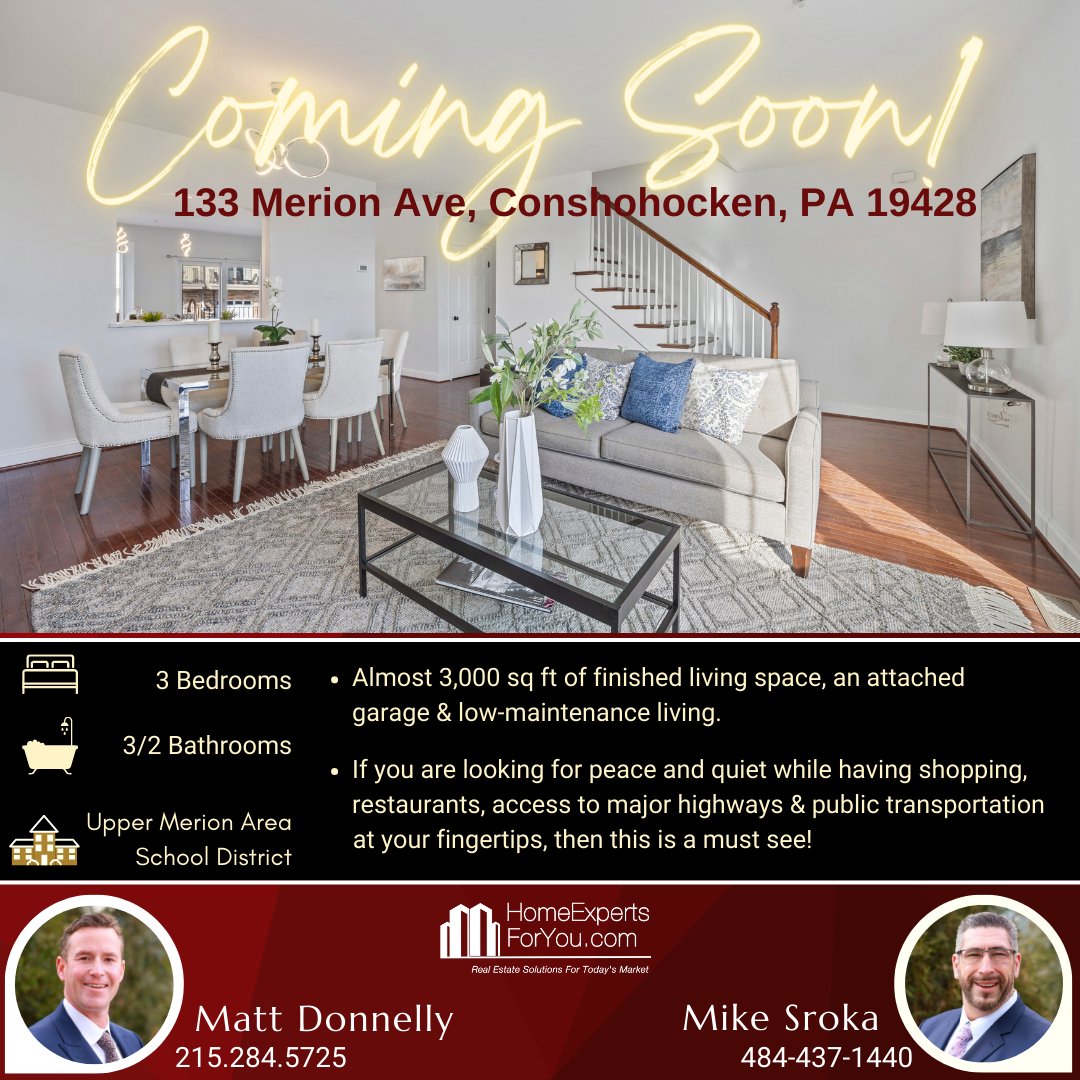Coming S👀N in #Conshohocken
.
Showings start Thursday, June 1st! Contact Matt or Mike & schedule your private tour!
#comingsoon #homeexpertsforyou #kwmainline #3bedrooms #forsale