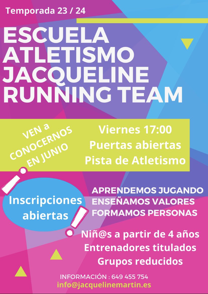 JackieMartin74's tweet photo. ⭐️Jornadas de puertas abiertas 

📌Viernes 2 - 9 y 16 junio
📍Pista Atletismo Ciudad        Deportiva 
⏰ De 17h a 18h

⭐️Ven a conocernos!!!!
⭐️ Si tú hij@ quiere hacer atletismo o probar te esperamos!!!!!

#porquecorreresalgomasquecorrer
#saltar #lanzar #correr https://t.co/EHp355G6TV