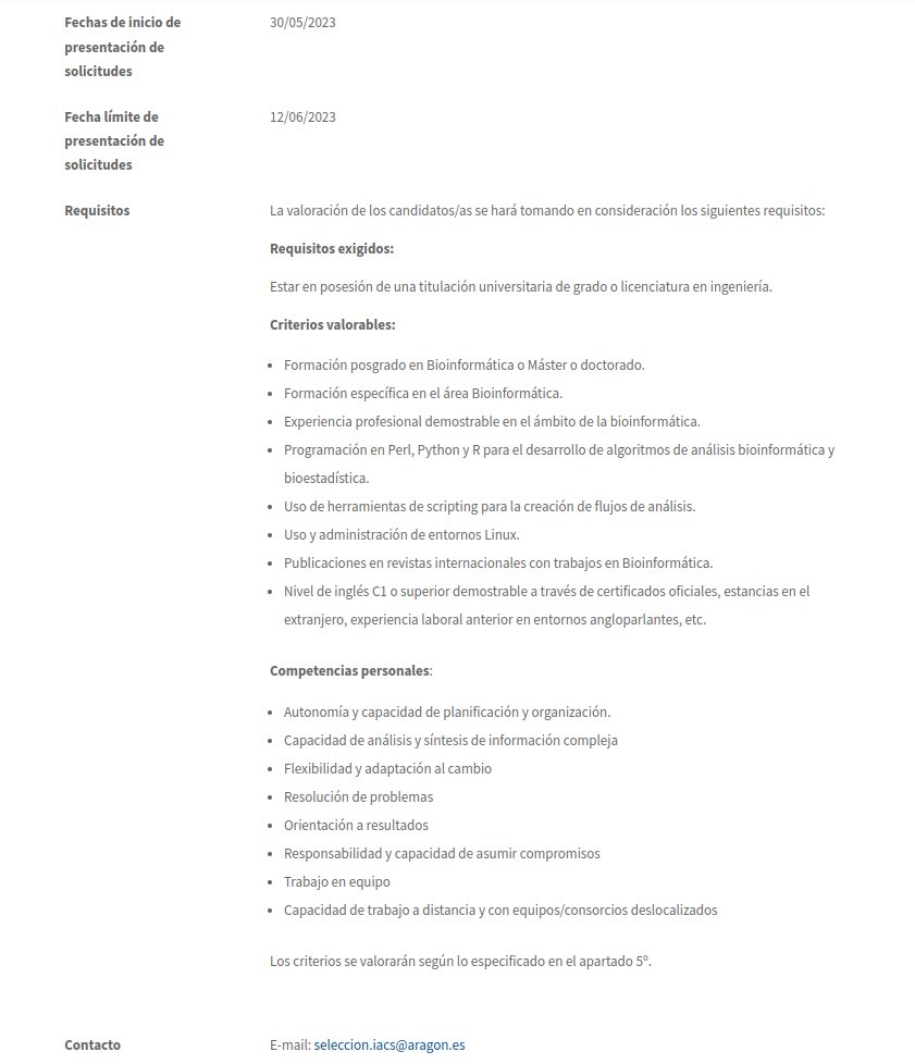 Miss_Salmonella's tweet photo. ‼️Oferta trabajo para #bioinformaticos‼️ Técnico/a Superior Universitario/a Apoyo a la Investigación proyecto #IMPaCT #MedicinaPersonalizadaPrecisión en @iacs_aragon
🗓️fecha limite solicitudes: 12/06/2023
🔗https://t.co/5VGaVm64dn
📑https://t.co/az7i5EXC9Q https://t.co/U44KrHDvdH
