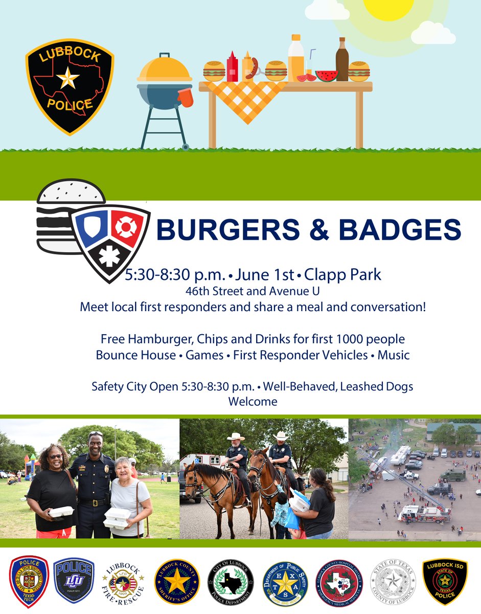 LubbockPolice's tweet image. Folks, we're only TWO DAYS away from our 3rd Annual Burgers and Badges event!

We'd like to give a huge thanks to United Supermarkets for sponsoring this event with delicious food! Thank you for your support for our department and the Hub City community!

We'll be at Clapp Park…