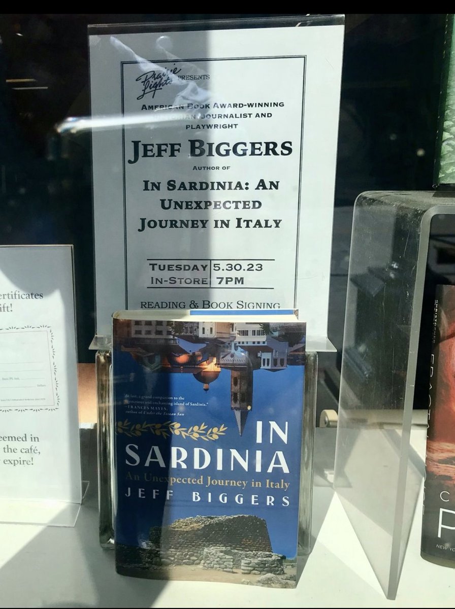 The joy of indie bookstore window shopping! Join Iowa City author Jeff Biggers at @Prairie_Lights tonite w/ his new book, IN SARDINIA! @IowaCityofLit @LittleVillage @OkobojiWriters @WritersIowa @mswander @melvillehouse