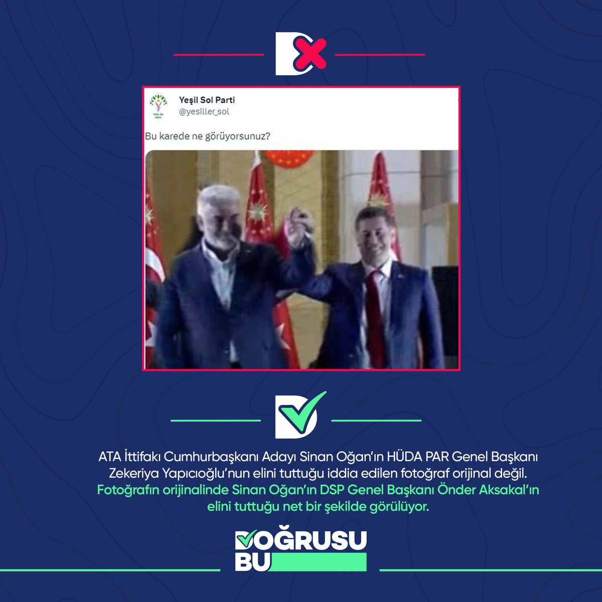 ATA İttifakı Cumhurbaşkanı Adayı Sinan Oğan’ın HÜDA PAR Genel Başkanı Zekeriya Yapıcıoğlu’nun elini tuttuğu iddia edilen fotoğraf orijinal değil.

#DoğrusuBu ✅

dogrusubu.org/d/33/sinan-oga…