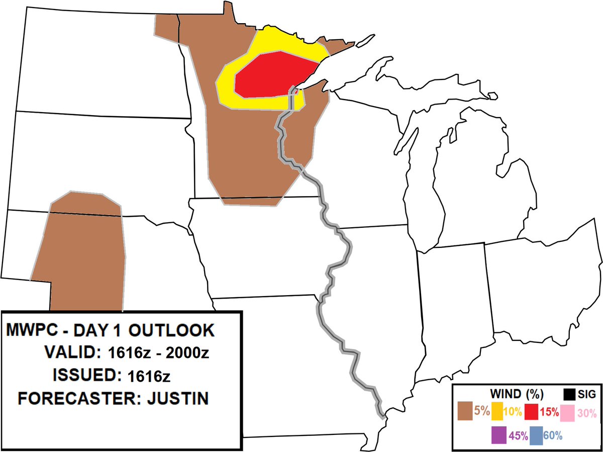 1216 pm EDT, Midwest Prediction issues or (my prediction) Day 1 OUTLOOK. 
There is a chance for a few strong storms up in Minnesota as daylight heating will take place.
Additionally, a potential for low-term severe weather in Nebraska. #newx #mnwx #wiwx