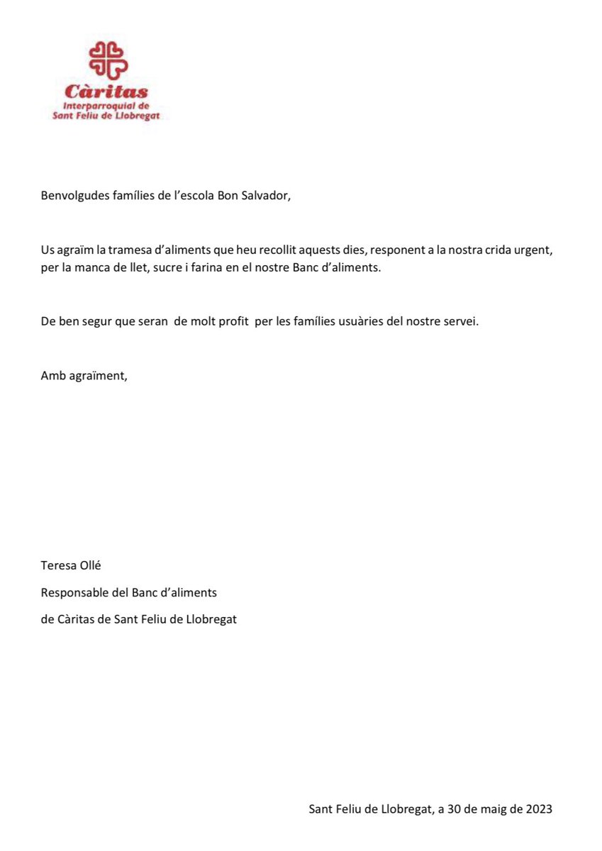 Càritas Sant Feliu agraeix la resposta de tota la comunitat educativa del Bon Salvador a la seva crida urgent!!! <a href="/caritasantfeliu/">Càɾitas Diocesana Sant Fҽliu de Llobregat</a> <a href="/bisbatsantfeliu/">@BisbatSantFeliu</a> #bonsalvador #fempersonesfemescola