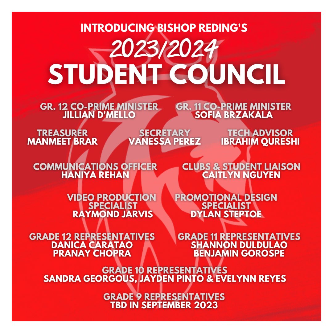 Congratulations to the 23/24 <a href="/BishopReding/">Bishop Reding</a> Student Council, and thank you to all of the candidates who applied, interviewed and campaigned over the last few weeks! Over 80 students applied for positions this year, and this made the election close and appointments very difficult!