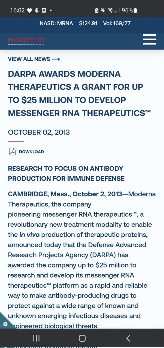 @WeAreWoke1776_3 #Moderna received a grant from #Darpa in 2013 for #mRNA 'therapeutics'