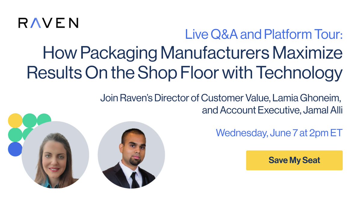 RavenTelemetry's tweet image. On Wednesday, June 7th at 2pm ET, learn how you can make it easy for your teams to uncover hidden capacity with real-time visibility into packaging lines.

Join us for a live Q&amp;amp;A and tour of the Raven platform.

Register here: hubs.ly/Q01Rt3rX0

#OEESoftware #Manufacturing
