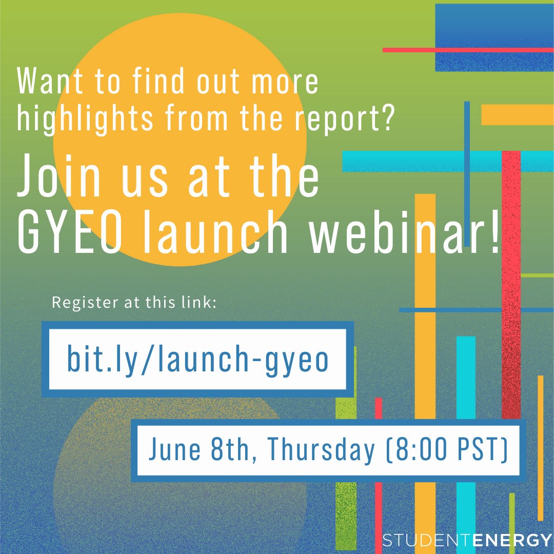 studentenergy's tweet photo. 🌟 We are excited to announce the launch of Global Youth Energy Outlook (GYEO) report! 🎉 Join us on June 8th, Thursday at 8:00 to 9:00 PST for a live webinar to celebrate the launch of the report! 🙌
➡️ Head over to https://t.co/eymS6hgAgN to register!
#GYEO #Research https://t.co/Lpjh20bA1C