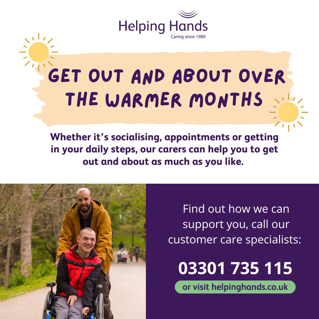 Helping_HandsUK's tweet photo. Now that the weather is becoming warmer, you may want to consider getting out and about a little more! ☀️ At Helping Hands, your care plan is tailored to you, so you can continue living independently at home.

To find out more, call 03301 735 115 or visit https://t.co/pPOnDvLETM https://t.co/IfR2o4m8jW