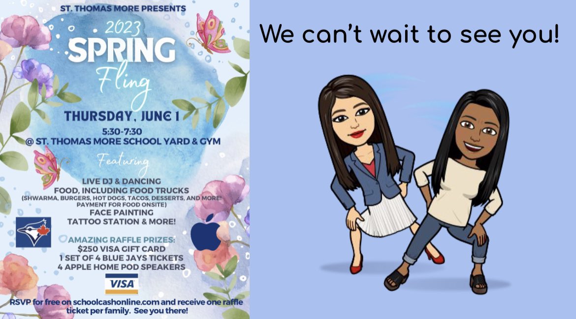2 more sleeps for Spring Fling! Featuring:
•  Live DJ &amp; dancing
•  Food trucks 
•  Magician/Clown Balloon twister/ Photo Booth 
•  Inflatable Games
•  Face Painting &amp; Raffle Prizes
RVSP for free on schoolcash online ✨ #SpringFling #communityevent <a href="/MrsPadzik/">Mrs. Padzik</a> <a href="/stthomasmore19/">St Thomas More DPCDSB</a>