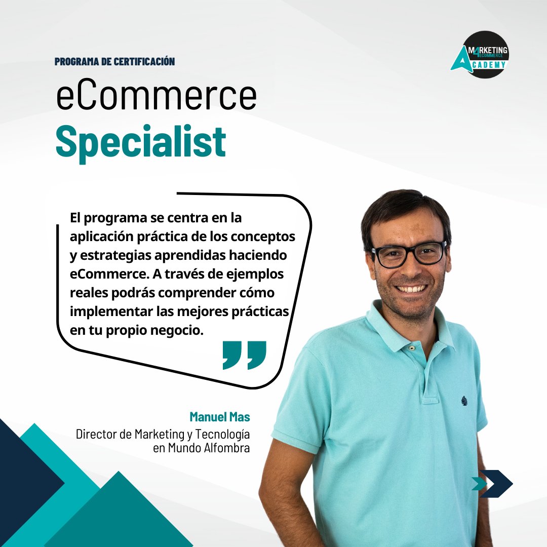 El programa de formación para certificarse como eCommerce Specialist de M4C Academy es una oportunidad única de aprender con gente que dirige o está muy metida en #eCommerce.
- Manuel Mas <a href="/manoletux/">Manuel Mas 🛒 // Hago cosas en Internet.</a> 
Director de Marketing y Tecnología
en <a href="/MundoAlfombra/">Mundoalfombra.com</a>