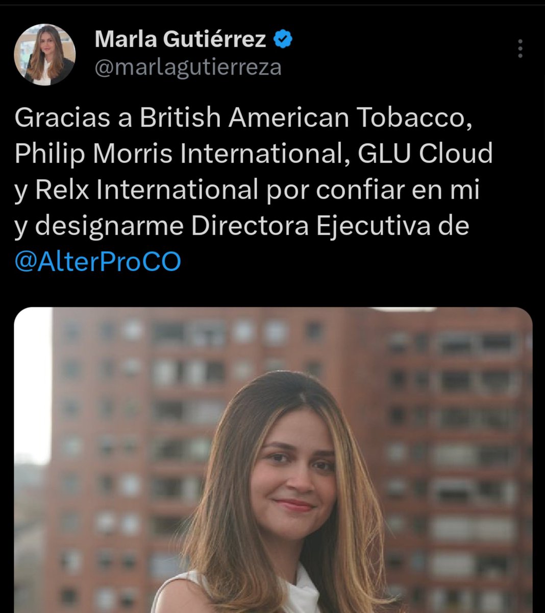 Marla Gutiérrez, conocida por su activismo contra los pobres que toman gaseosa, ahora trabajará para las multinacionales del tabaco.