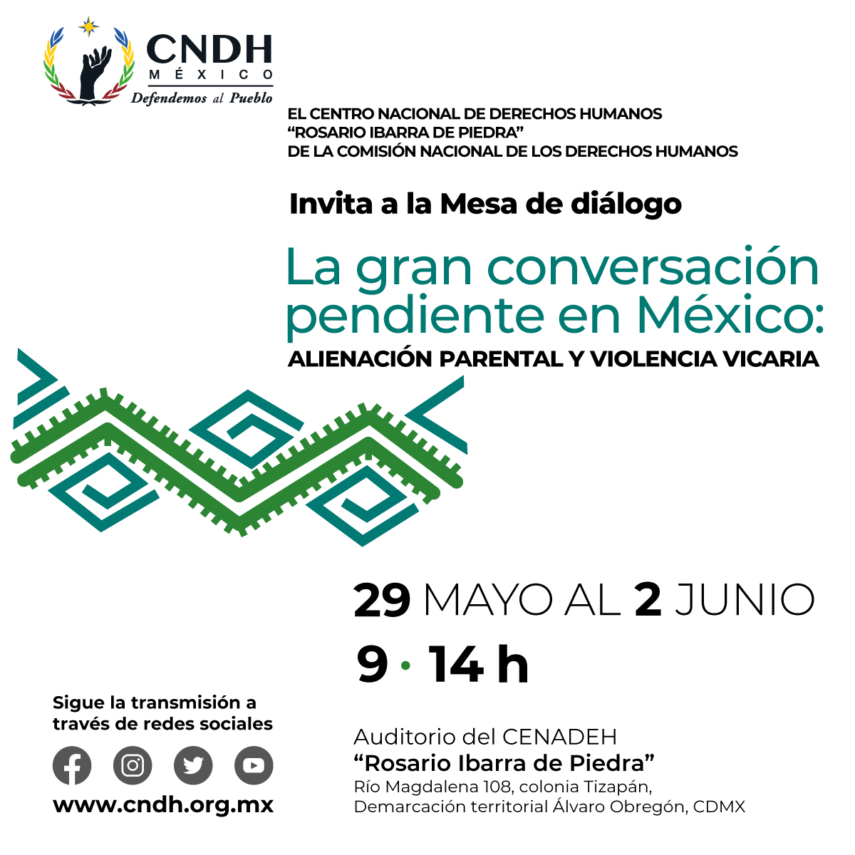 ¡Acompáñanos hoy a partir de las 9 hrs., en la transmisión de la Mesa de Diálogo 'La gran conversación pendiente en #México 🇲🇽: Alienación parental y violencia vicaria'!👇🏾

🔵 A través de nuestras redes sociales.

#DefendemosAlPueblo