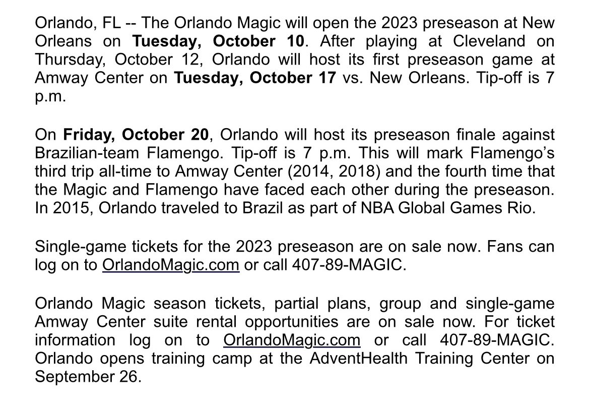 Orlando Magic 2023 Preseason Schedule Released