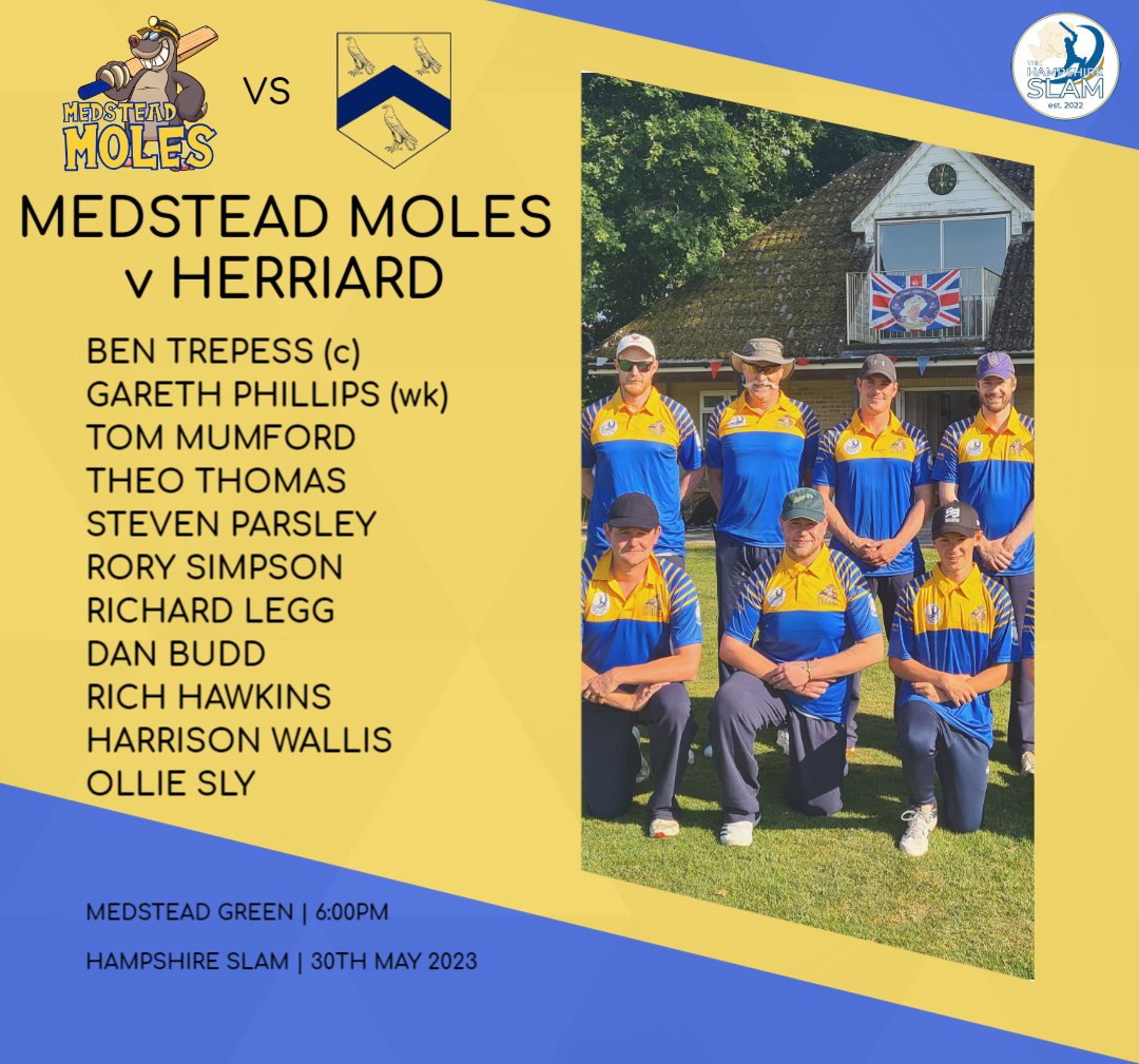 Tonight sees the Medstead Moles get their <a href="/HampshireSlam/">HampshireSlam</a> campaign under way with the visit of <a href="/HerriardCricket/">Herriard Cricket</a>. A beautiful evening in store and the added  excitement of some new <a href="/sharkscricketco/">Sharks Cricket</a> kit to enjoy. Go well to all involved.

Our XI: