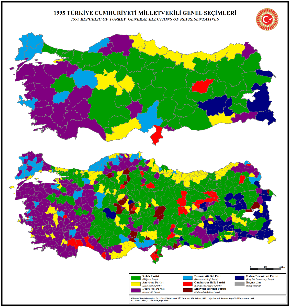 9. CB adaylarının aldığı oylar siyasi partilerle orantılıdır. Türkiye'de belli siyasal kütleler var. Kütleler arası geçişler ağır ağır oluyor. Alttaki 1995 seçimlerinde Refah, MHP ve Anavatan Partilerinin toplam oyu yüzde 52 ediyor ve harita da AKP'nin oy haritasına yakındır.