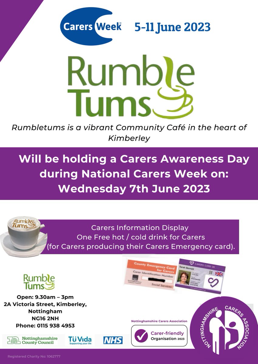 Rumbletums Cafe will be holding a Carers Awareness Day during #CarersWeek 💜
📆Wednesday 7th June 2023
🕝 9.30am - 3pm
📍 2A Victoria Street, Kimberley, Nottingham NG16 2NH