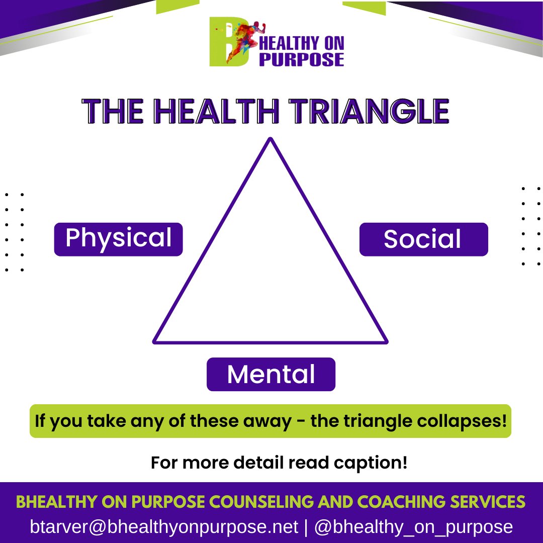 Make sure all 3 sides of your health triangle are strong and in good shape. 

Book your appointment today!
Call us at: (888) 847-4337

#bhealthyonpurpose #wellnesscoach #mentalhealthawareness #endthestigma #breakthetaboo #mentalhealthmyths