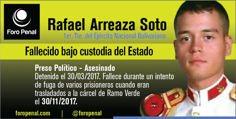 #30My Hoy recordamos la muerte, bajo custodia del estado, del preso político 1er Tte. del ejército 𝗥𝗮𝗳𝗮𝗲𝗹 𝗔𝗿𝗿𝗲𝗮𝘇𝗮 𝗦𝗼𝘁𝗼 el 30/11/2017.-
No lo olvidemos 
#QueSeHagaJusticia  
Venezuela
Más info de su caso en: ow.ly/VtA850GBLS4