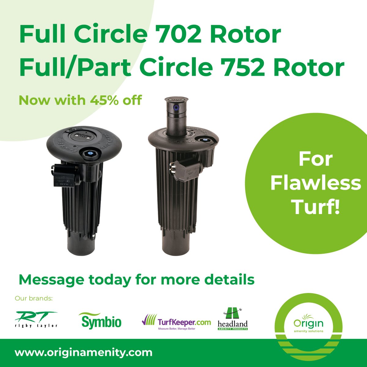 OriginAmenity's tweet photo. Our Rain Bird Golf Rotor promotion is still in full swing!

You have until the end of June to save 45% on selected rotors from the range, be sure to get in touch before the offer expires.

Call us on 0800 138 7222 to enhance your #irrigation projects!

#OriginAmenitySolutions https://t.co/G6qlksG6w7
