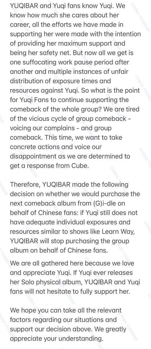 CHINA_YUQIBAR's tweet photo. [YUQIBAR A Statement of Complaint]

if YUQI still does not have adequate individual exposures and resources similar to shows like Learn Way, YUQIBAR will stop purchasing the group album on behalf of Chinese fans. https://t.co/I66KF5c92h