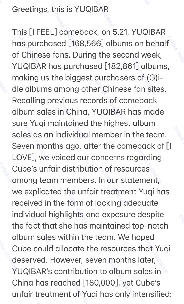 CHINA_YUQIBAR's tweet photo. [YUQIBAR A Statement of Complaint]

if YUQI still does not have adequate individual exposures and resources similar to shows like Learn Way, YUQIBAR will stop purchasing the group album on behalf of Chinese fans. https://t.co/I66KF5c92h